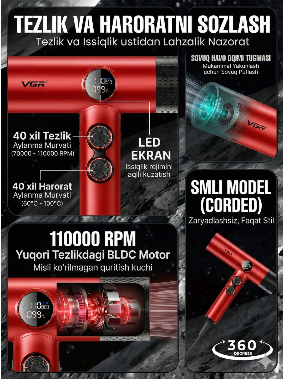 Professional soch qurutgich VGR V-401, quritish, stilash, 3 ta moslama, ionlash uchun, Fen - 2