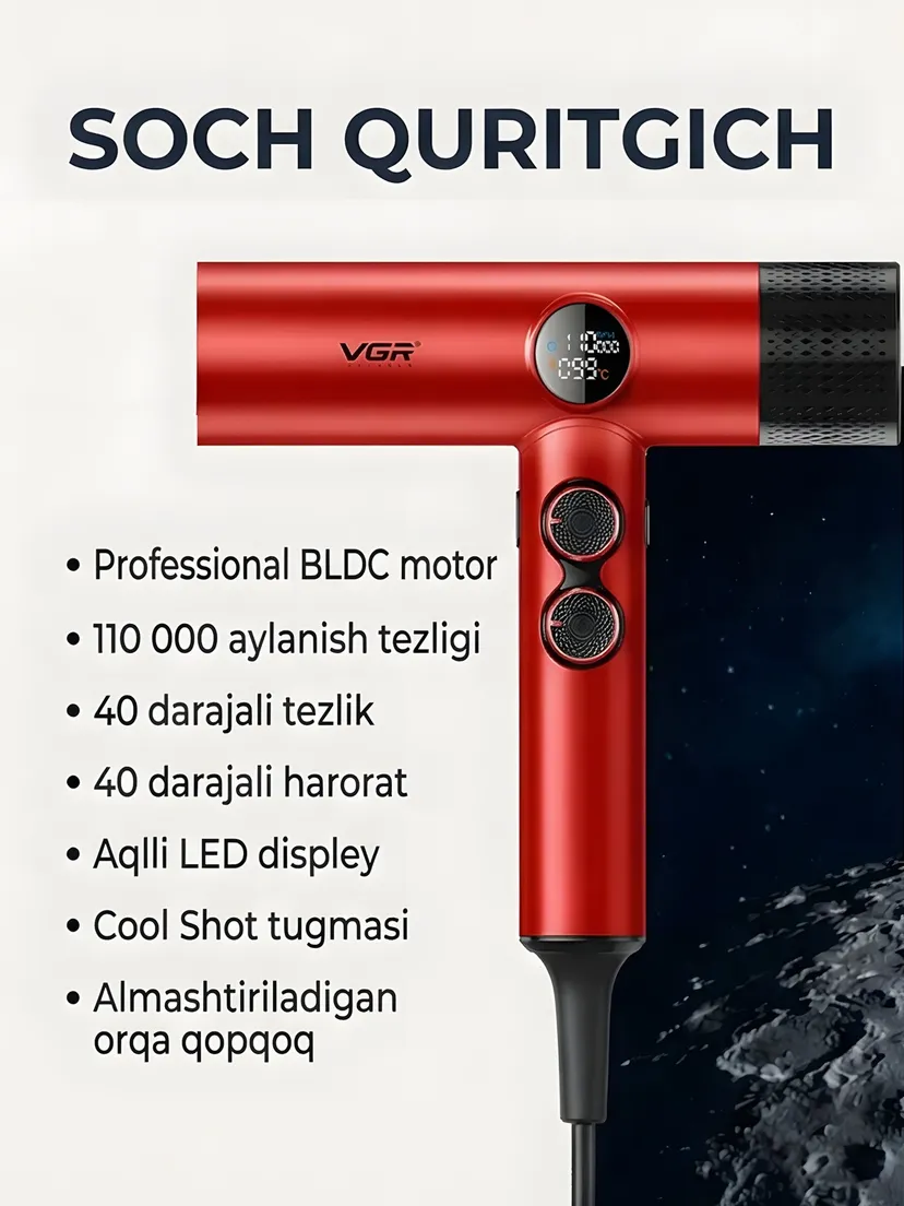 Профессиональный фен для волос VGR V401, Красный