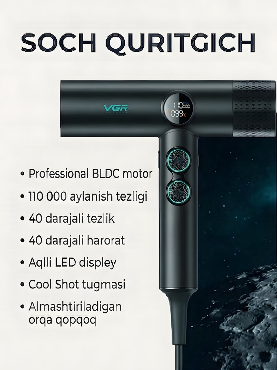Professional soch qurutgich VGR V-401, quritish, stilash, 3 ta moslama, ionlash uchun, Fen - 6