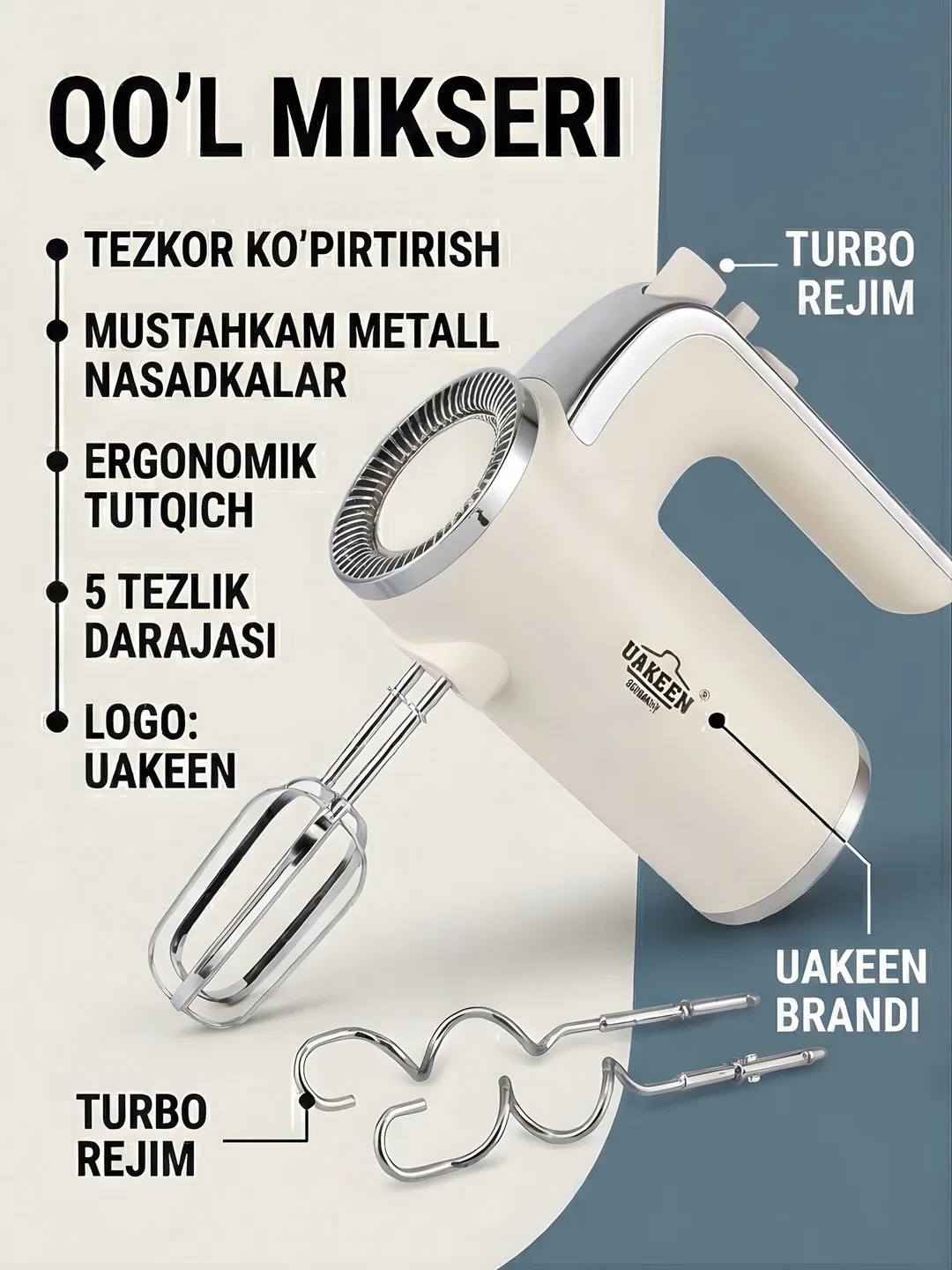 UAKEEN ZL-2303 800W Qo‘l Mikseri — 5 tezlik + Turbo rejimi
