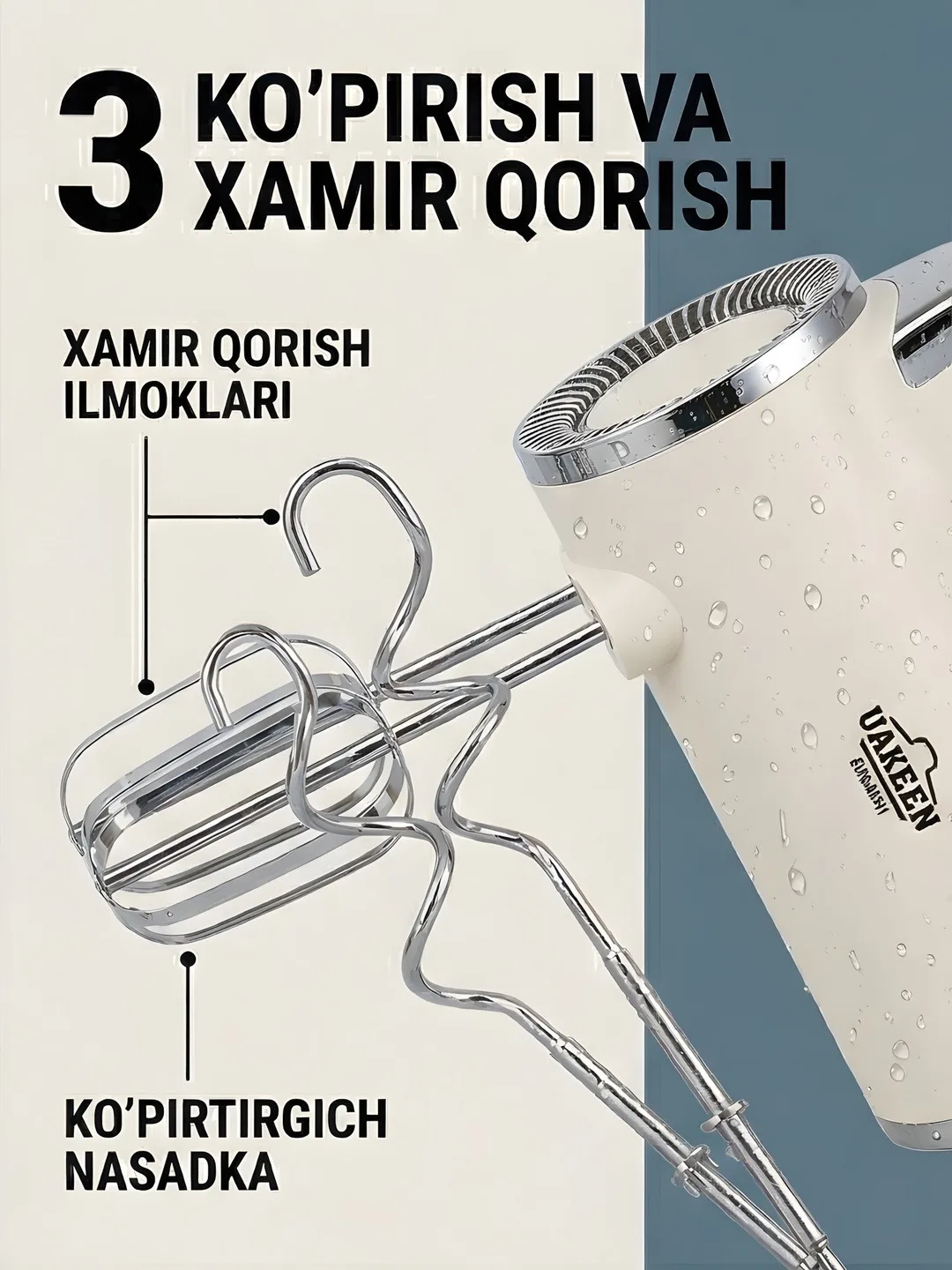 UAKEEN ZL-2303 800W Qo‘l Mikseri — 5 tezlik + Turbo rejimi