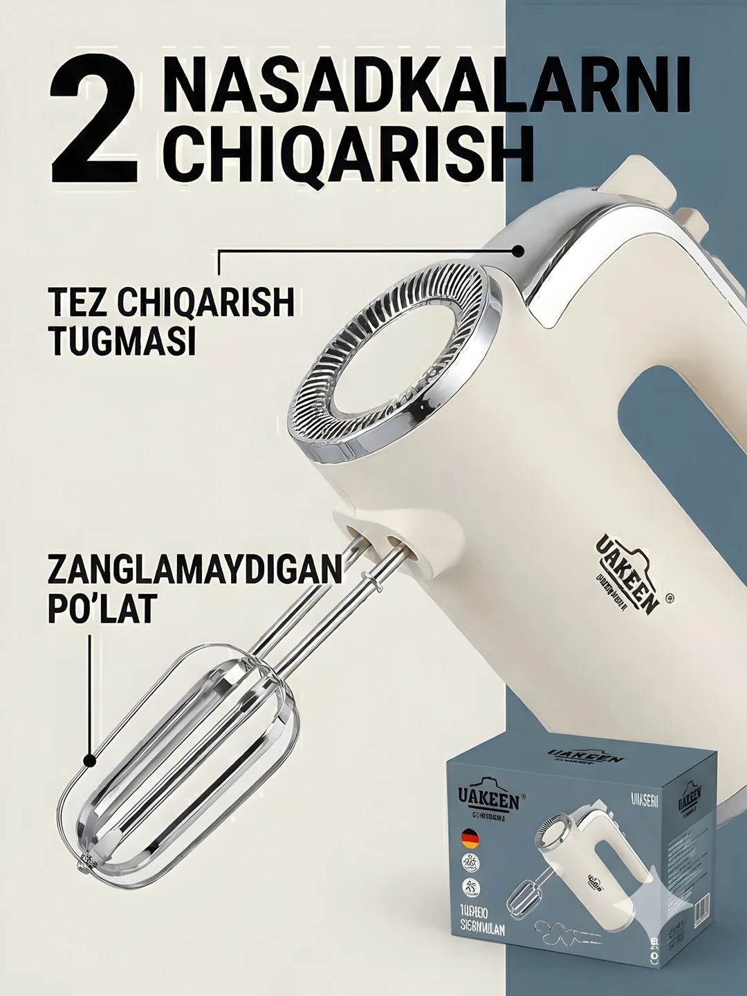 UAKEEN ZL-2303 800W Qo‘l Mikseri — 5 tezlik + Turbo rejimi