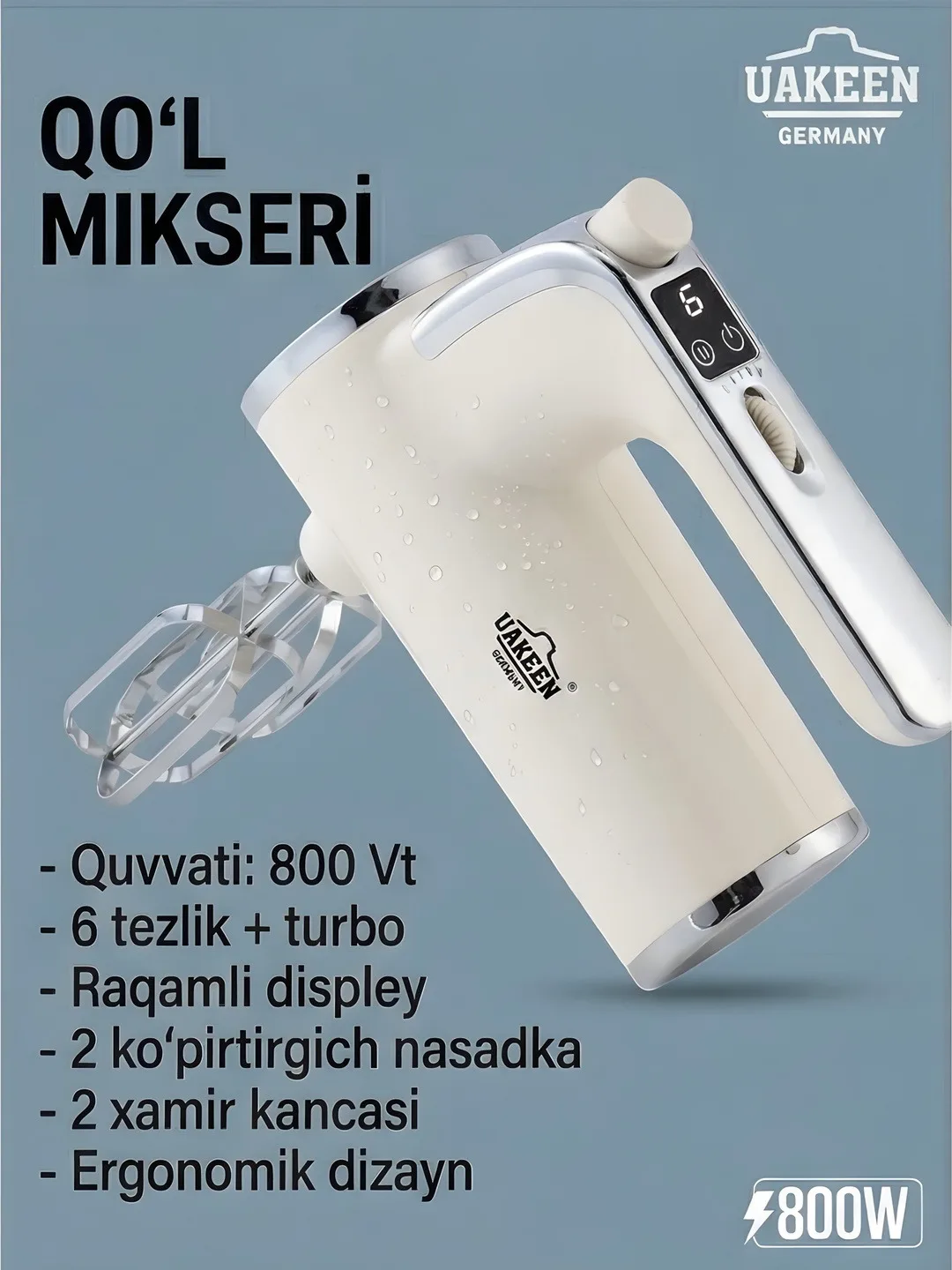 UAKEEN ZL-2304 800W Professional Qo‘l Mikseri — 6 tezlik + Digital displey