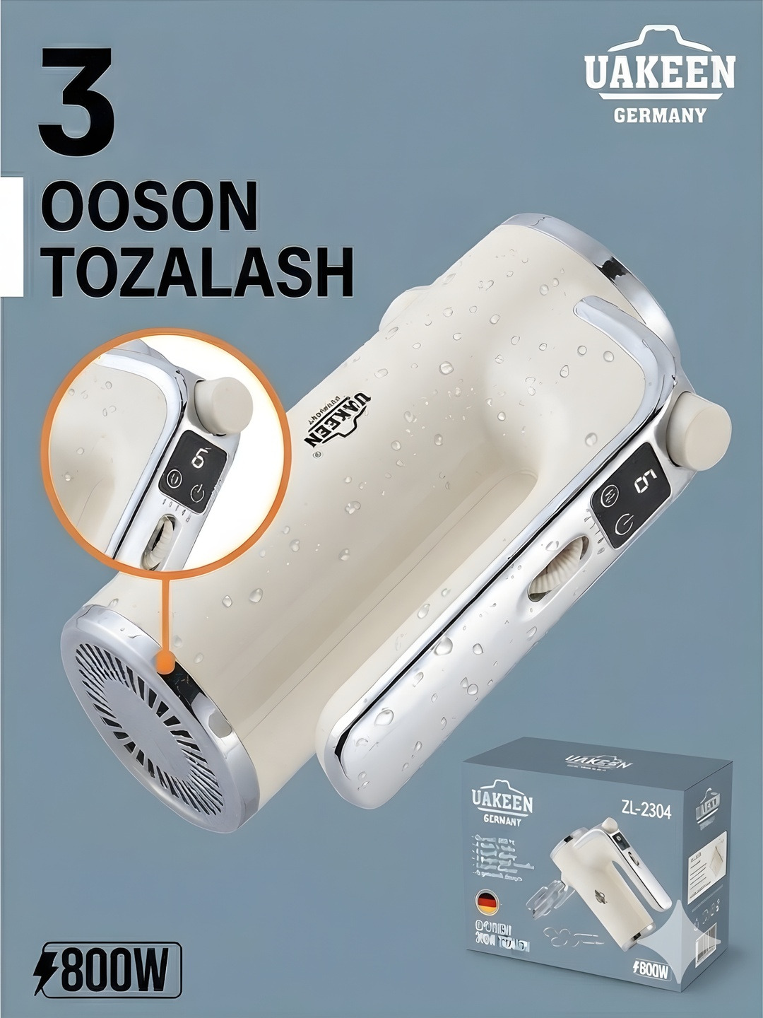 UAKEEN ZL-2304 800W Professional Qo‘l Mikseri — 6 tezlik + Digital displey - 4