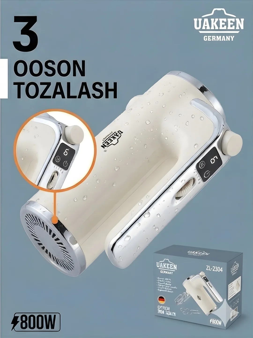 UAKEEN ZL-2304 800W Professional Qo‘l Mikseri — 6 tezlik + Digital displey