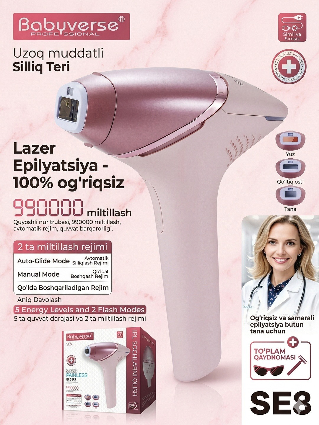 Babyverse SE8 lazerni epilyator - professional fotoepilyator va lazerli depilyatsiya