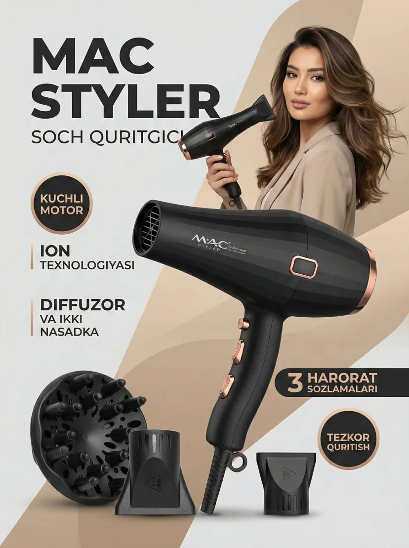 Профессиональный фен для волос M.A.C STYLER MC-6641, Черный