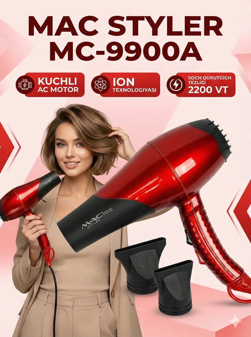 Профессиональный фен для волос M.A.C STYLER MC-9900A, Красный / Черный