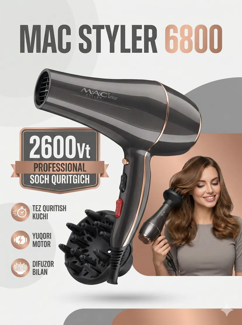 Профессиональный фен для волос M.A.C STYLER MC-6800, Черный
