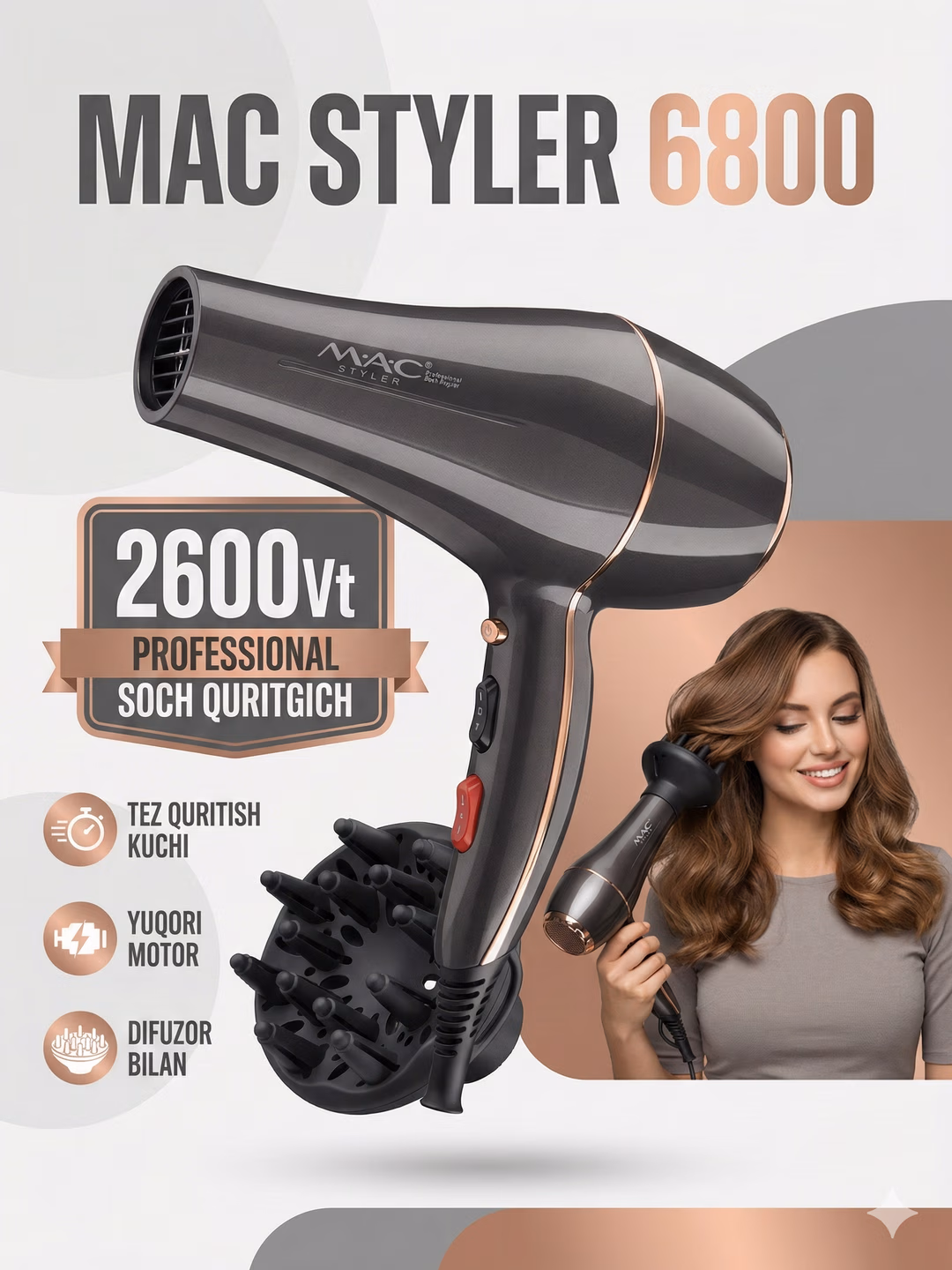 Fen uchun professional M.A.C styler, 3ta qismli, ionlashtirilgan, 2600Vat, suncha va quritish uchun.