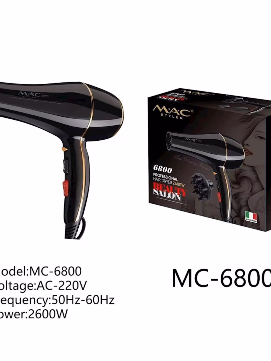 Fen uchun professional M.A.C styler, 3ta qismli, ionlashtirilgan, 2600Vat, suncha va quritish uchun. - 3