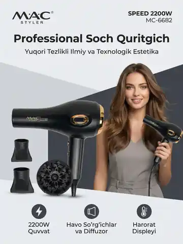 Soch quritish uchun professional fen M.A.C STYLER MC-6682, Qora