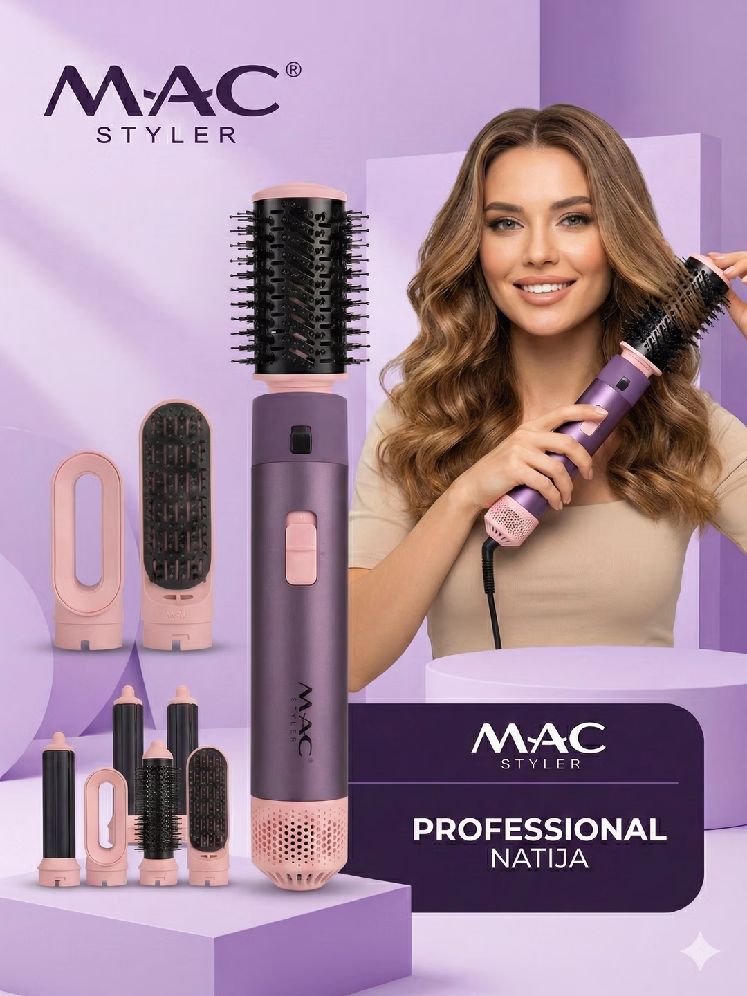 Fen stailyor "Mac Stayler" MC-6766, 6 ta xususiyat, qo'yish va avtomatik pliyka, 1200V, Mauve rang.