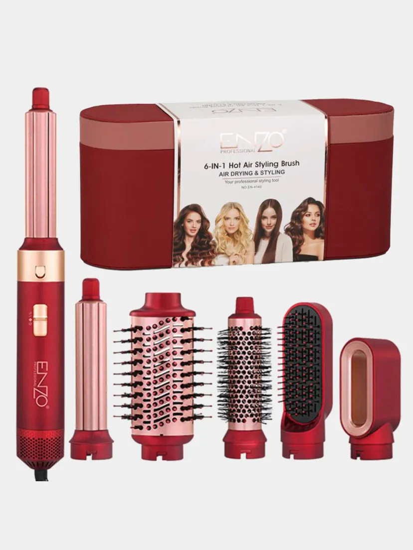 ENZO Professional EN-4140 6-in-1 issiq havo soch shashlari to'plami (Qizil)