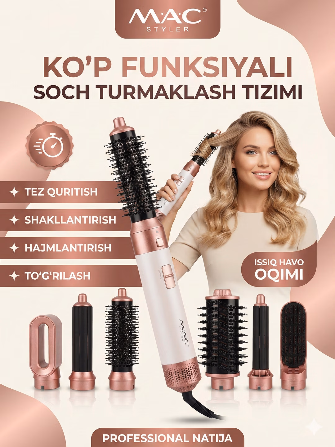 Fen stailyor "Mac Stayler" MC-6766, 6 ta xususiyat, qo'yish va avtomatik pliyka, 1200 Vat, Pink.