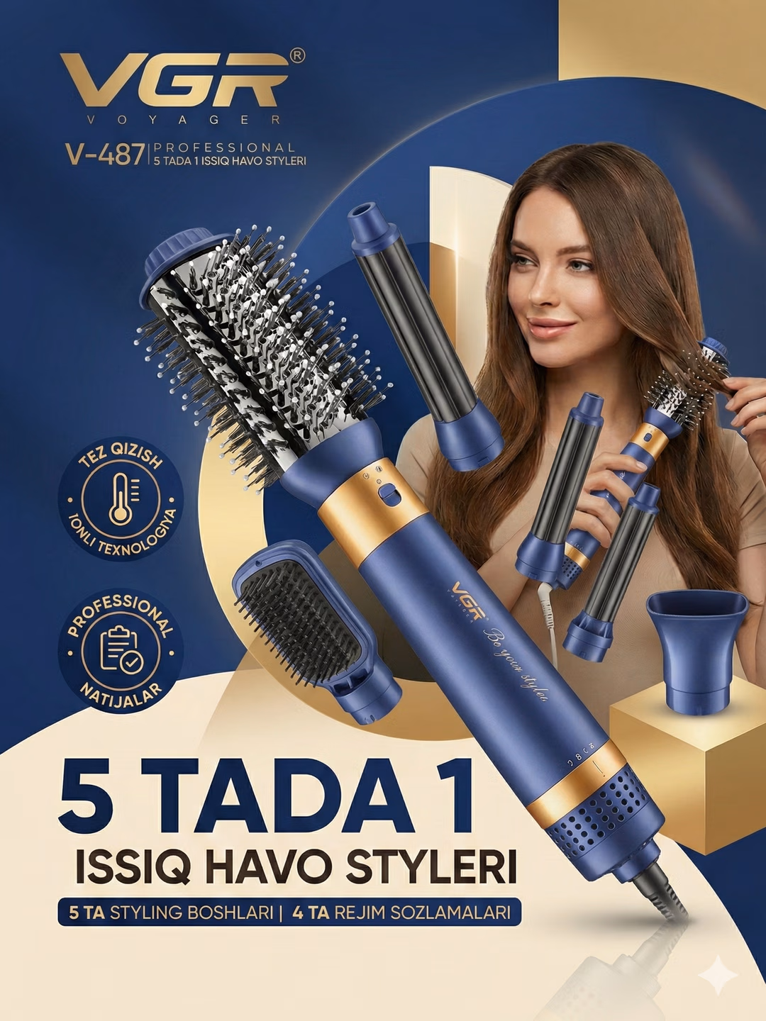 Fen "VGR V-487", stailir, shetchka, 5 nasadok, 800 Vat, Bigudi.
