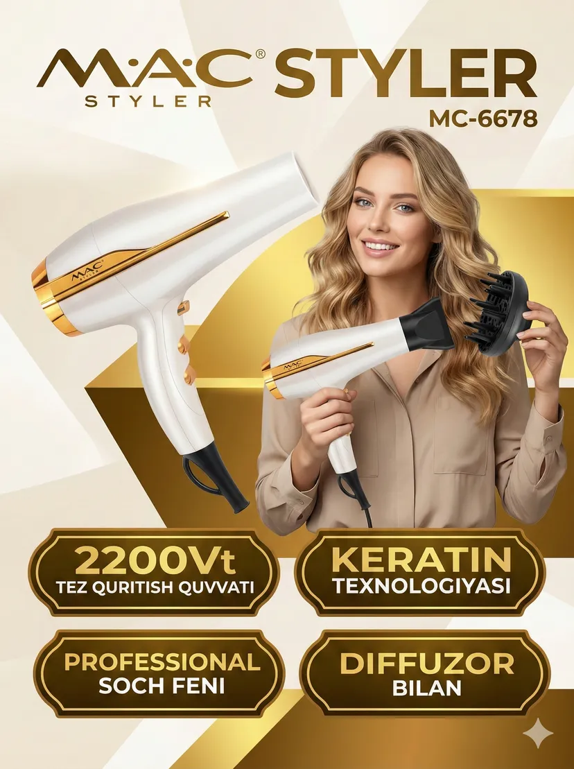 Профессиональный фен для волос M.A.C STYLER MC-6678, Черный