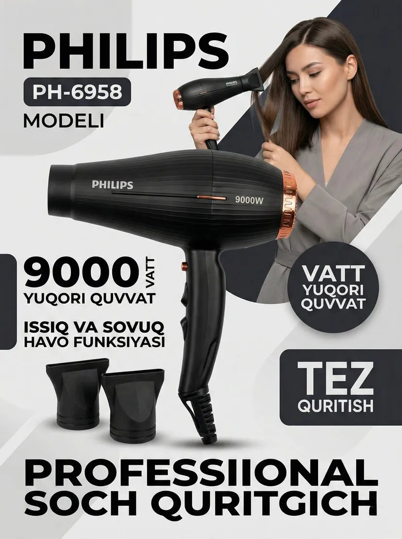Фен для волос Philips PH-6958 9000Вт ионизация защита от перегрева, чёрный