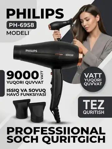 Philips PH-6958 soch quritgich 9000W ionizasiya, qora