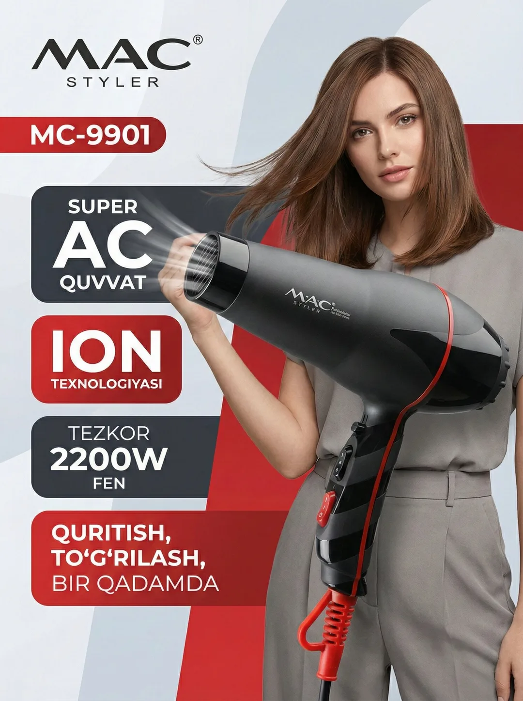 Fen uchun M.A.C styler MC-9901, <br/>
suvdan tozalash va ushlab qolish uchun ishlatiladigan ionli quritgich.