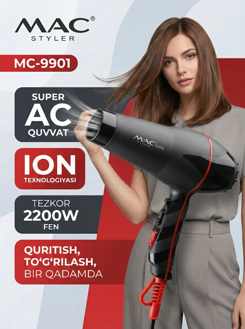 Профессиональный фен для волос M.A.C STYLER MC-9901, Черный