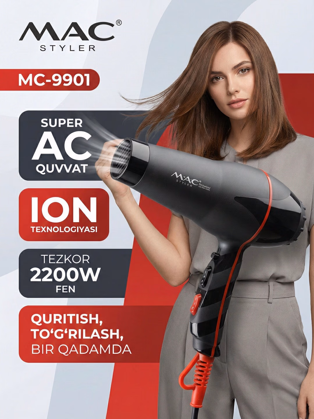 Fen uchun M.A.C styler MC-9901, <br/>
suvdan tozalash va ushlab qolish uchun ishlatiladigan ionli quritgich.