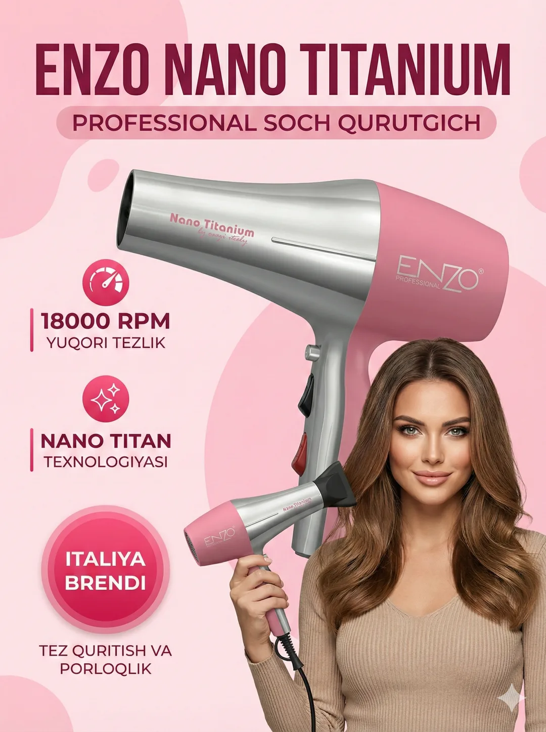 Профессиональный фен для волос ENZO PROFESSIONAL, для сушки и укладки с ионизацией