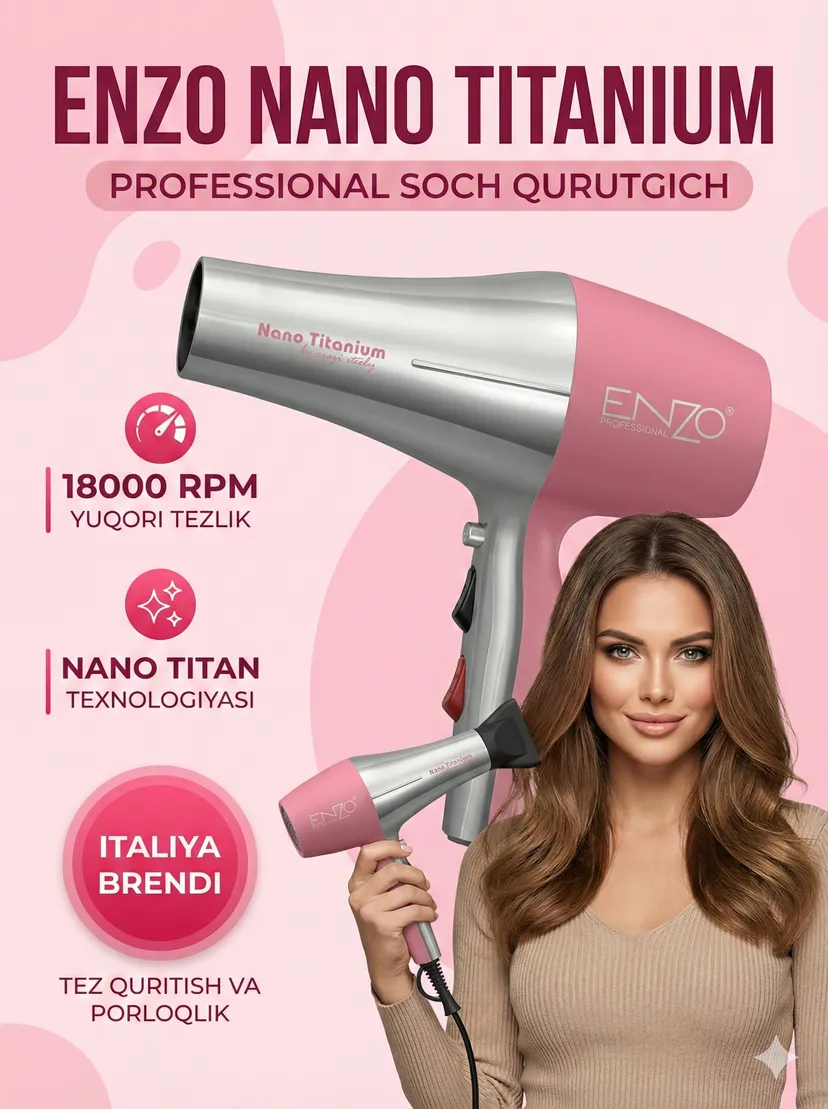 Профессиональный фен для волос ENZO EN-8862, Розовый