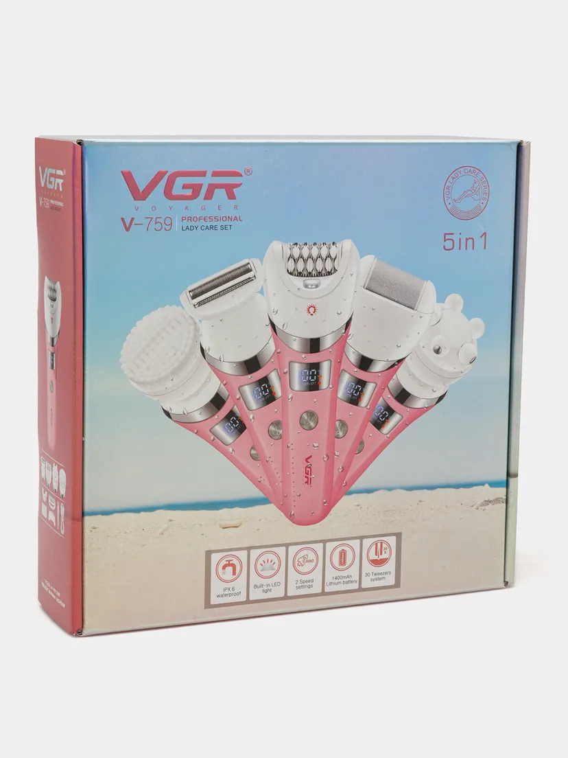 VGR V-759 Ayollar uchun 5-in-1 professional epilyator, pushti rang, 2 tezlik rejimi