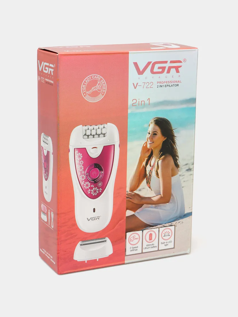 VGR V-722 ayollar uchun professional epilyator, 2 tezlik, 10 soat ishlash vaqti, pushti-oq