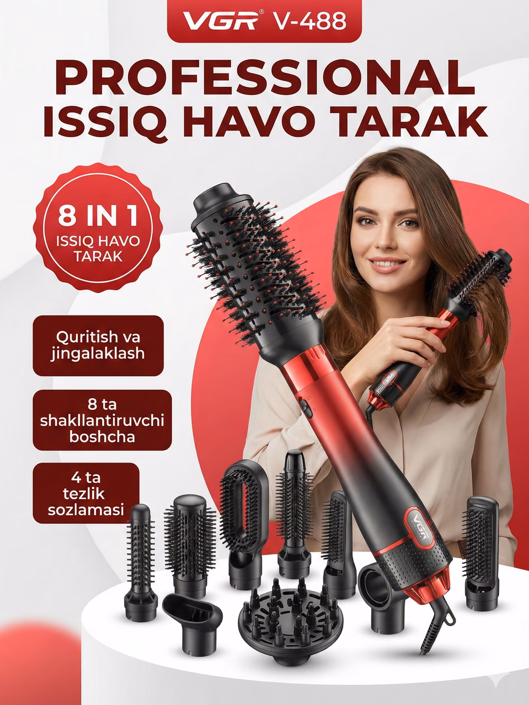 Fen <br/>
8 ta xizmatdan foydalanish imkoniyati:
- Fen
- Shchetka
- Vola staileri