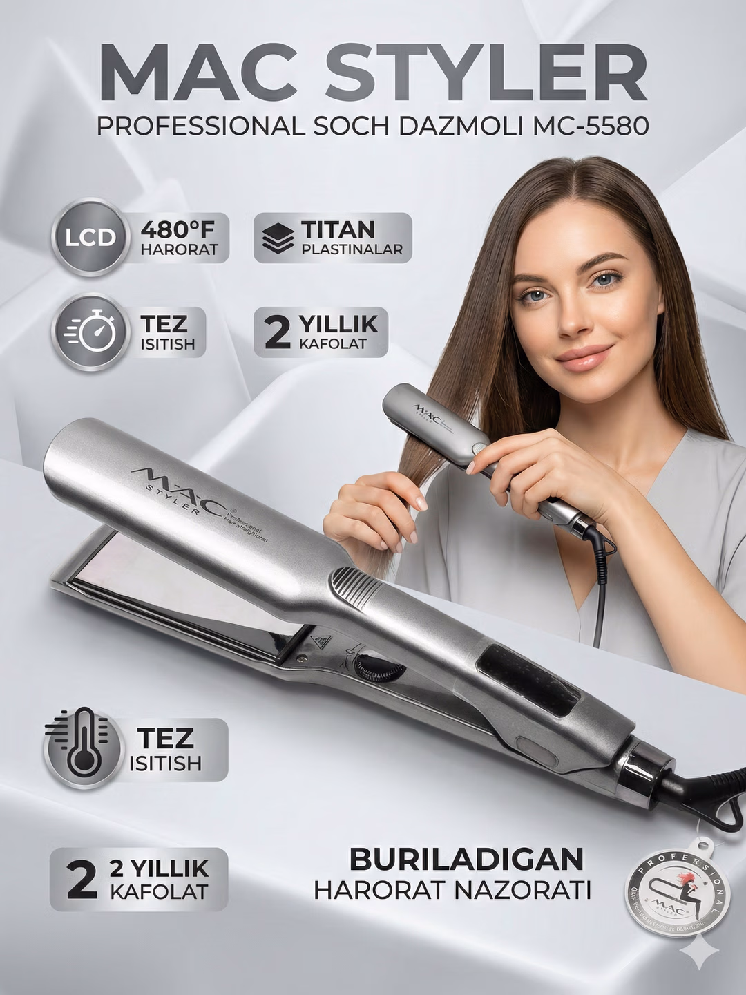Fen uchun professional uchiruvchi, "MAC Styler" MC-5580, LCD ekrani bilan titandagi plastinka.