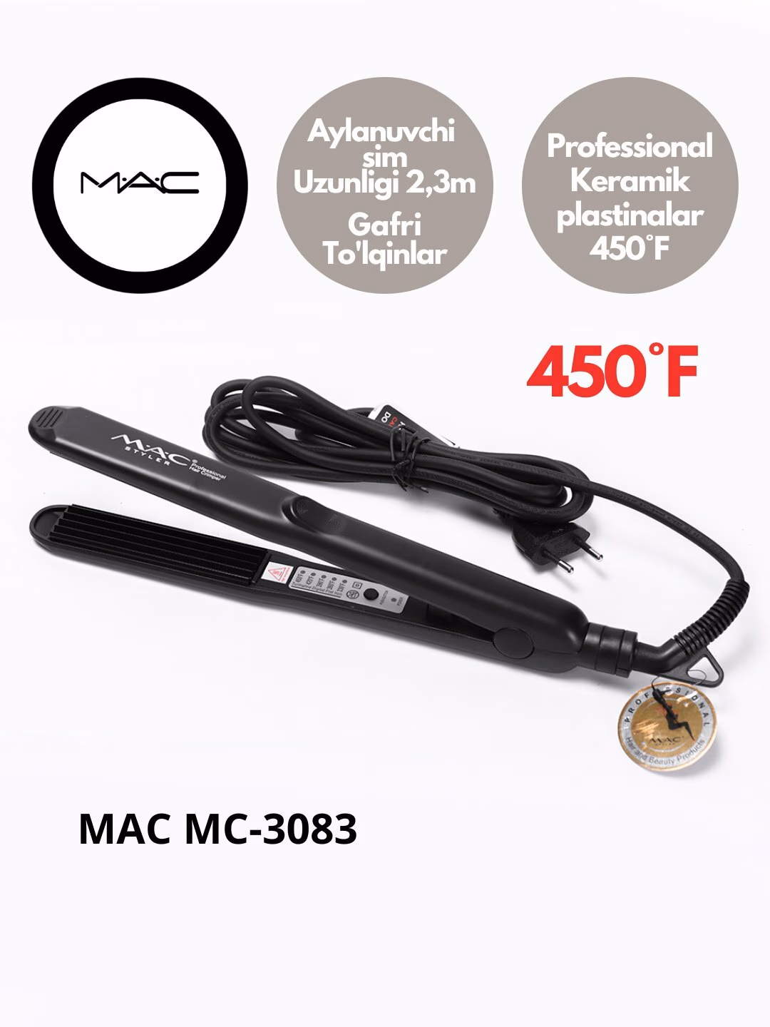 Fen uchun professional g'ofre utyujok, MAC Styler, keramik plitalar bilan. - 2