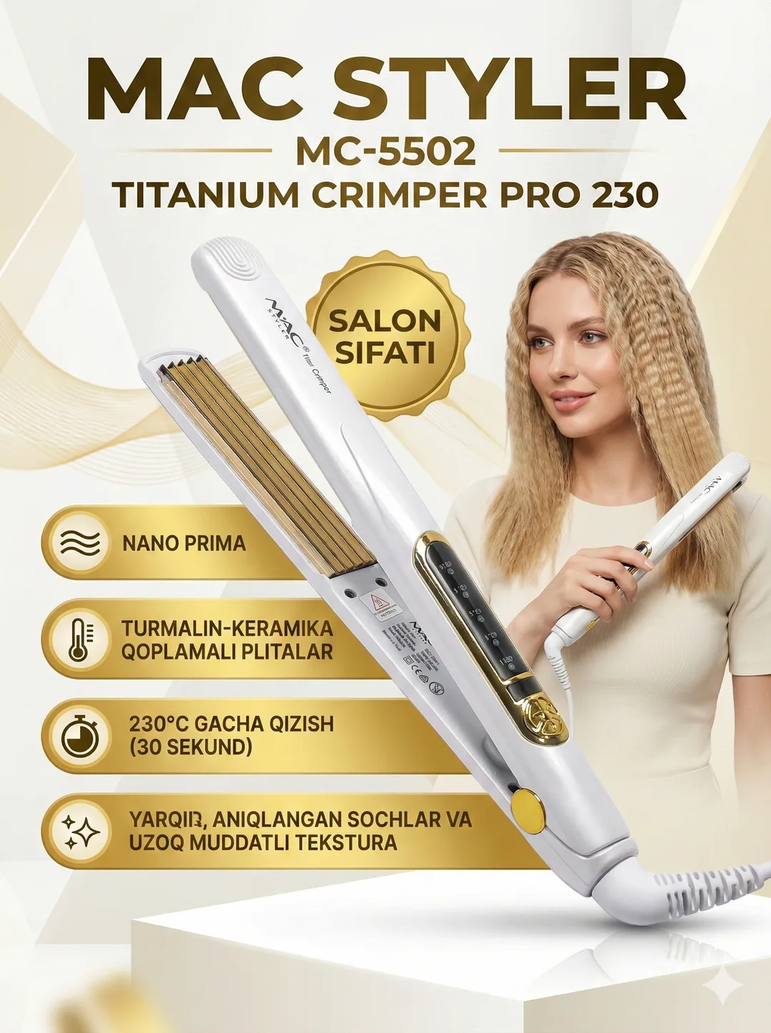 Fen uchun professional g'ofre utyujok, MAC Styler, keramik plitalar va displey bilan.