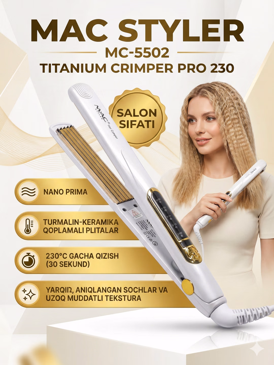 Fen uchun professional g'ofre utyujok, MAC Styler, keramik plitalar va displey bilan.