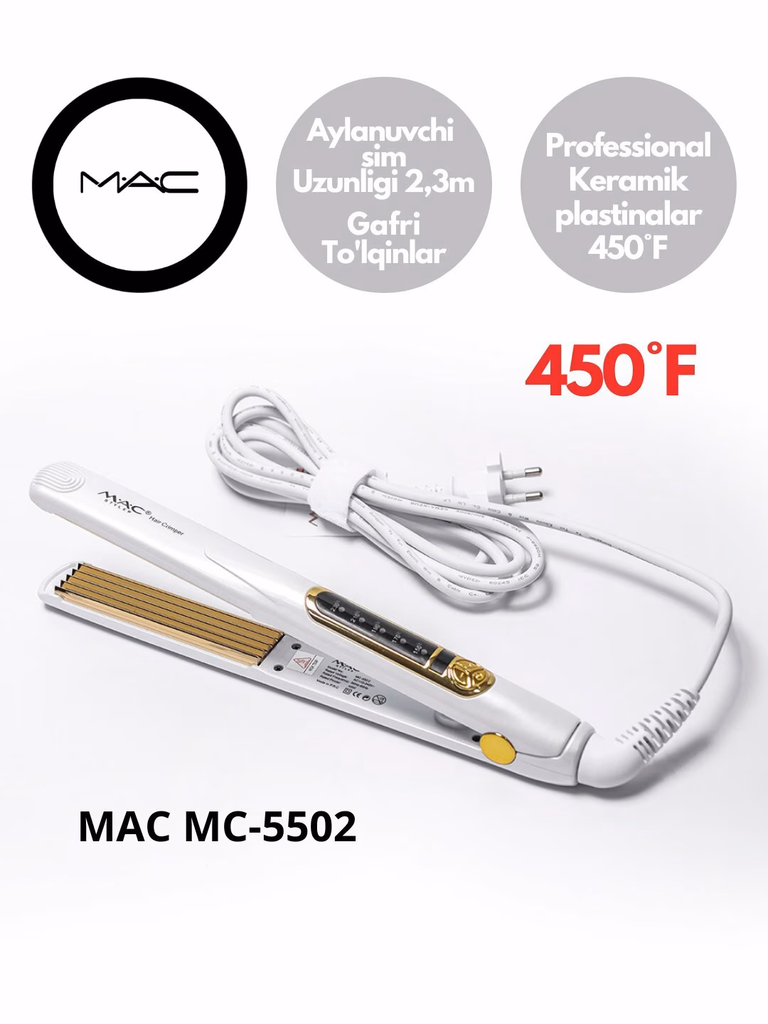Fen uchun professional g'ofre utyujok, MAC Styler, keramik plitalar va displey bilan. - 2