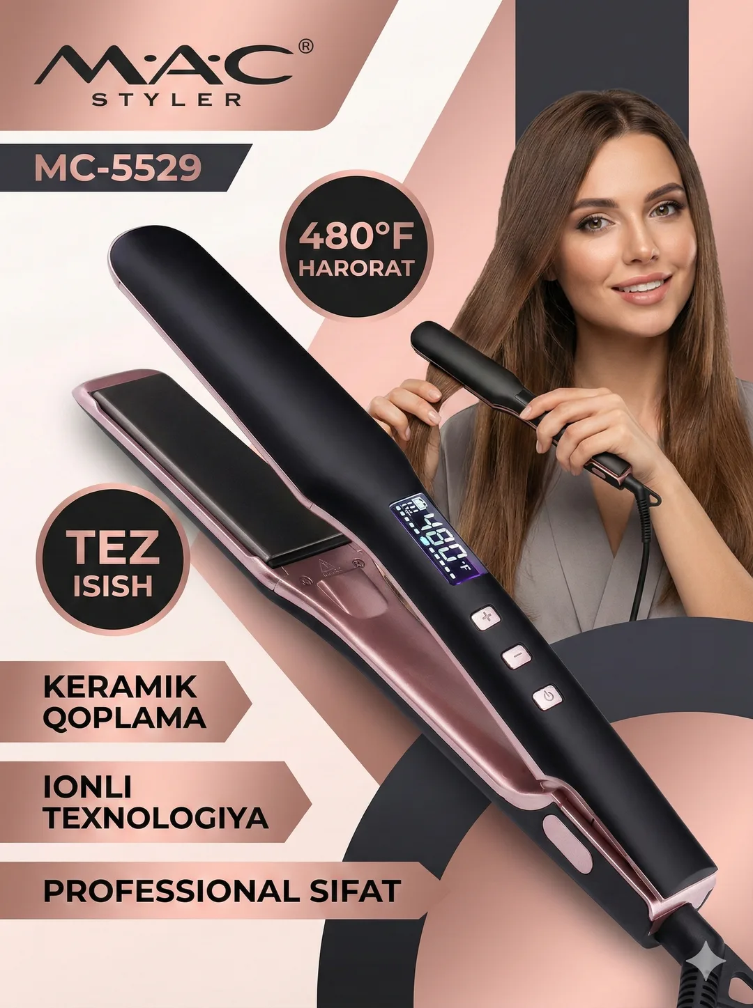 Fen uchun professional uchiruvchi, <br/>
MAC Styler MC-5529, LCD ekrani bilan, Pink rangda.