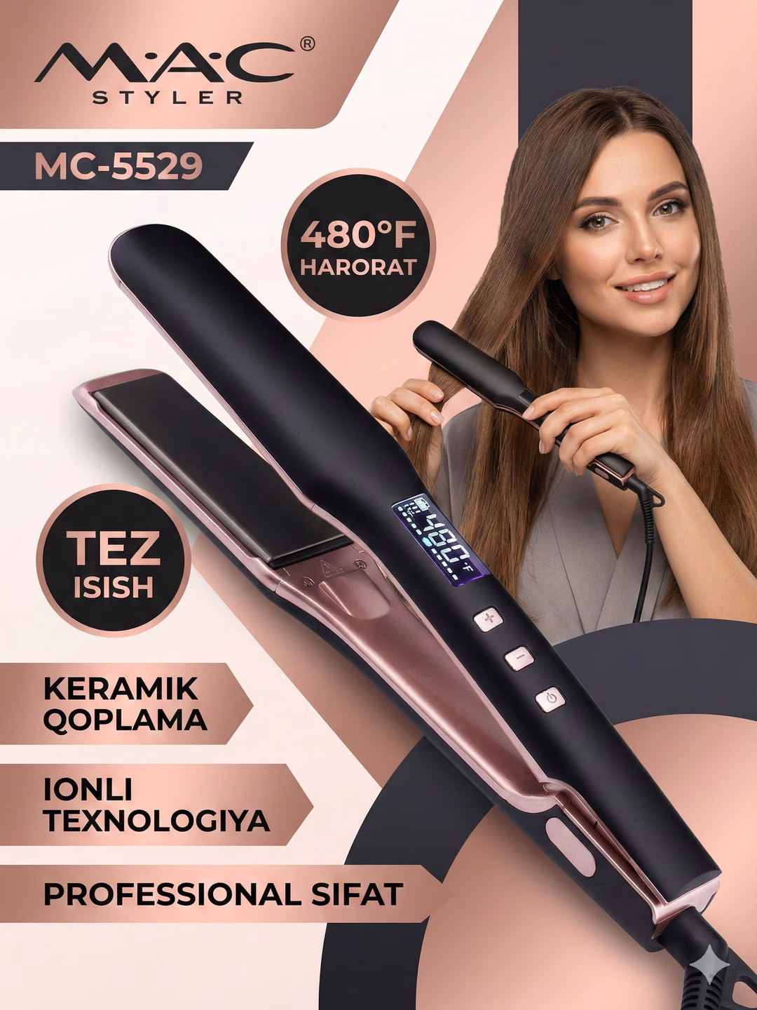 Fen uchun professional uchiruvchi, <br/>
MAC Styler MC-5529, LCD ekrani bilan, Pink rangda.