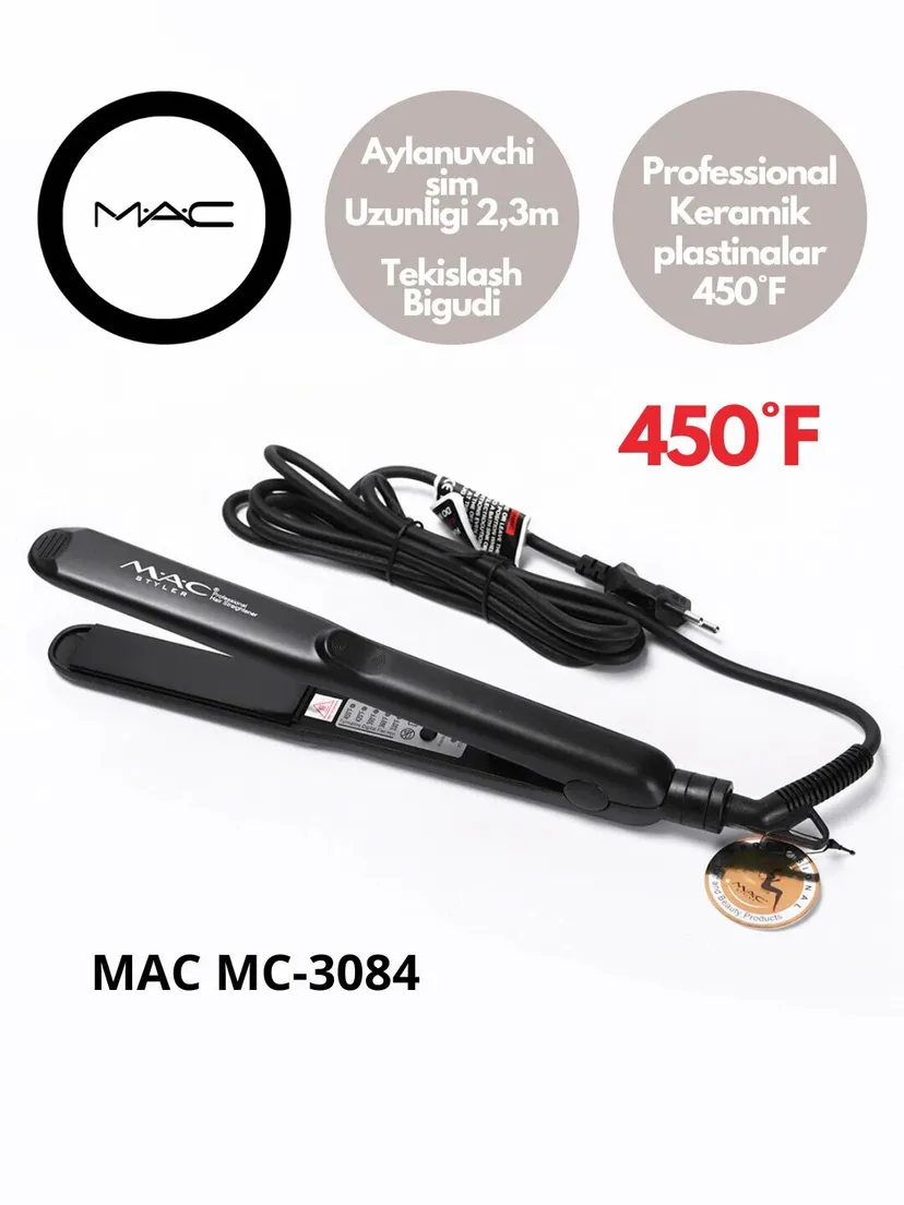 M.A.C STYLER MC-3084 soch to'g'rilash mashinkasi, keramika qoplamali, 2.3m shnur, Qora