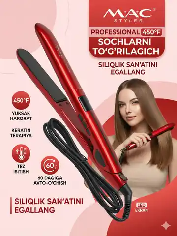 Soch to'g'rilash uchun dazmol M.A.C STYLER MC-2018, Qizil