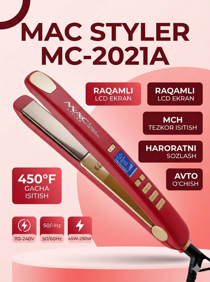 Выпрямитель (утюжок) для волос M.A.C STYLER MC-2021, Красный