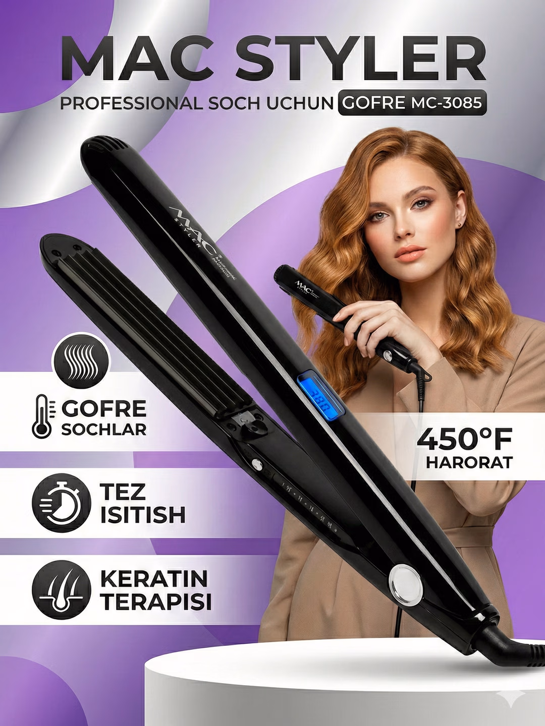 Fen uchun professional g'ofre utyujok, MAC MC-3085, keramik plitalar bilan.<br/>
Uchun: kosa, sochi, g'ofre qilish.