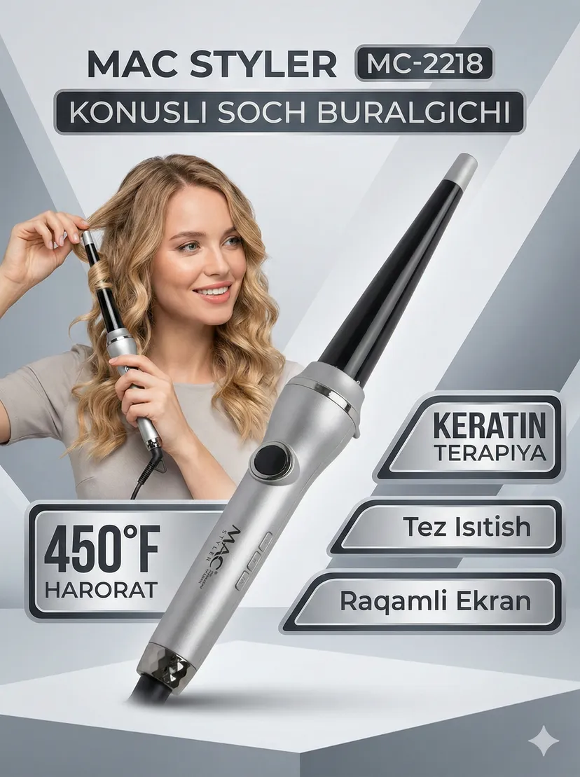 MAC STYLER MC-2218 Konusli soch buragich, Keratin terapiya, 450°F, Kumush