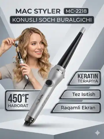 MAC STYLER MC-2218 Konusli soch buragich, Keratin terapiya, 450°F, Kumush