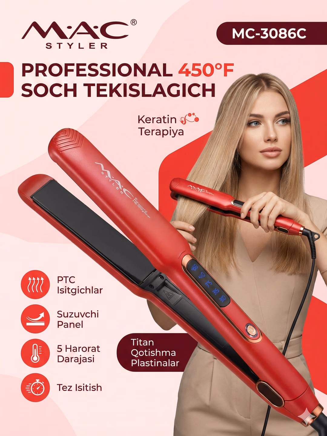 Fen uchun professional g'ofre utyujok, MAC MC-3086, keramik plitalar va displey bilan.