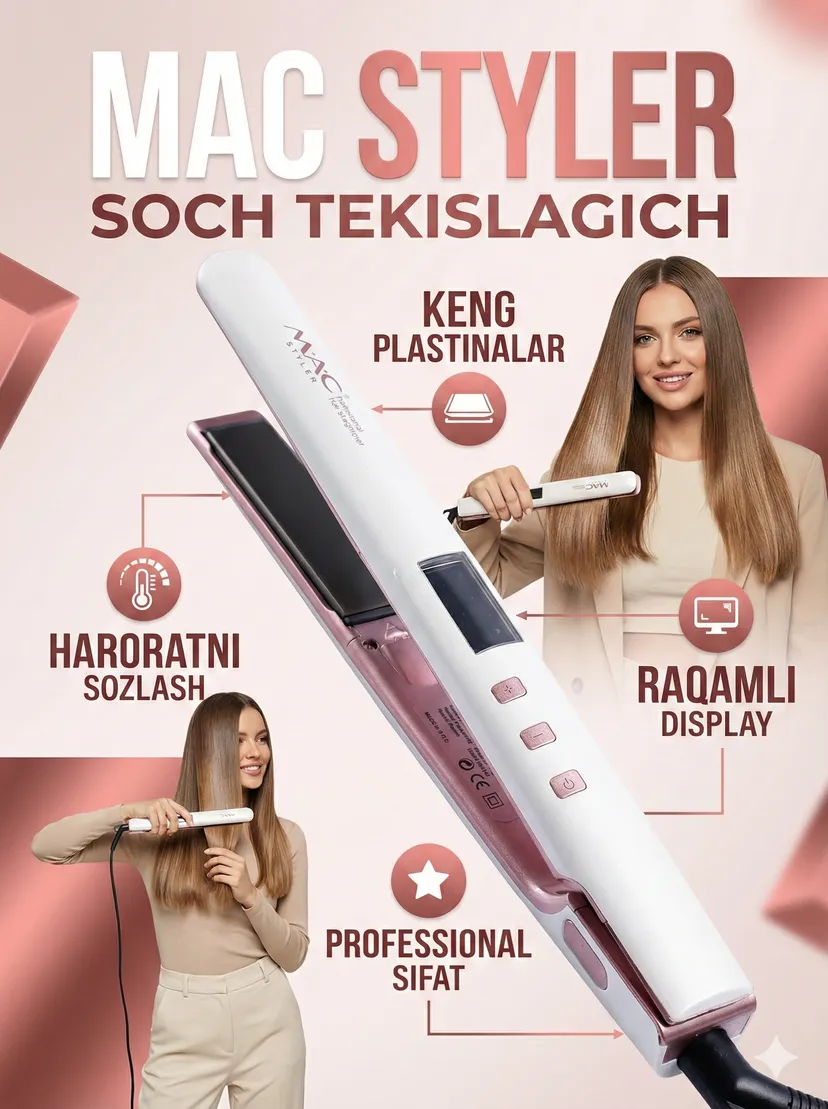 Выпрямитель (утюжок) для волос M.A.C STYLER MC-5533, Розовый