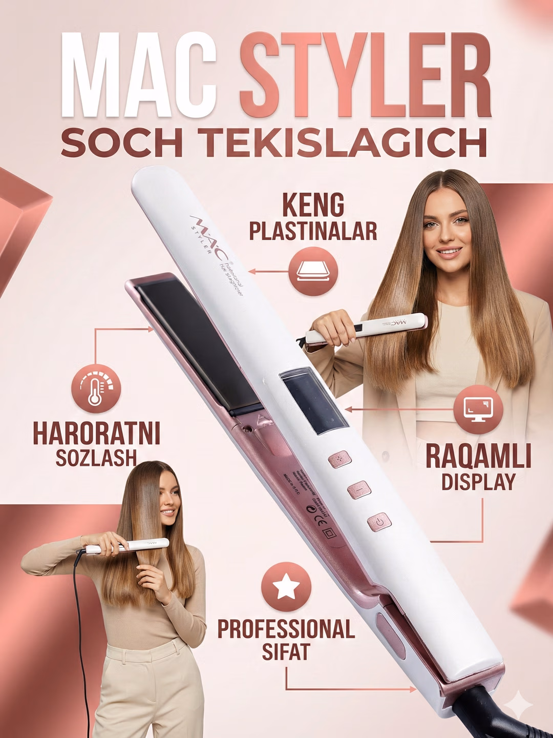 Fen utiqli, qo'pol quritgich "MAC Styler" MC-5533, LCD ekran bilan, Pink rangda.