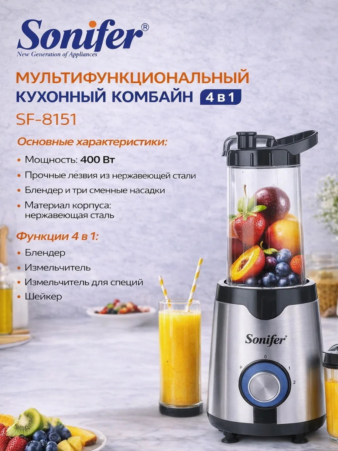 Kombinatsiyalangan blender-maydalagich Sonifer SF-8151 4 tasi 1 da