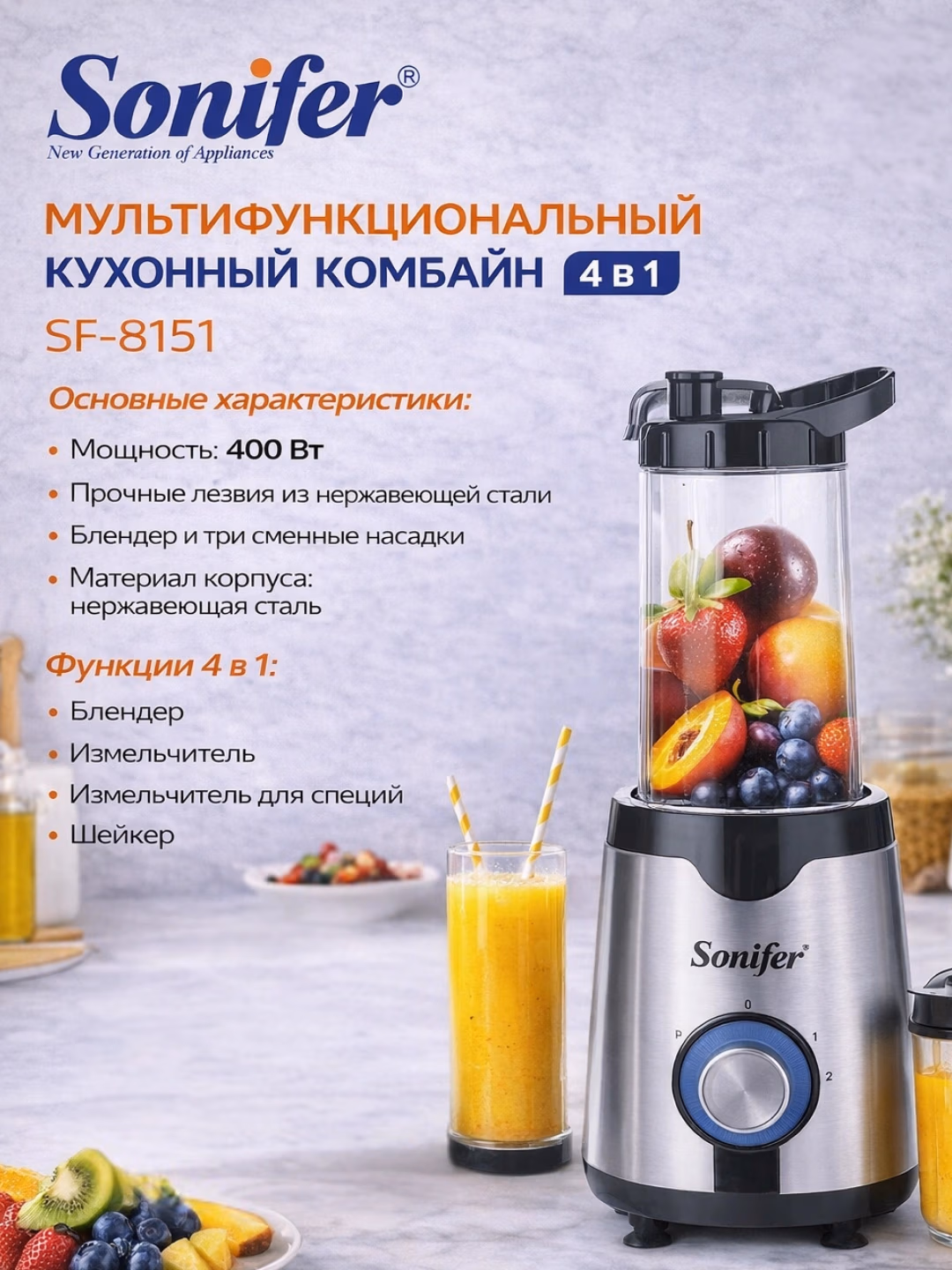 Kombinatsiyalangan blender-maydalagich Sonifer SF-8151 4 tasi 1 da