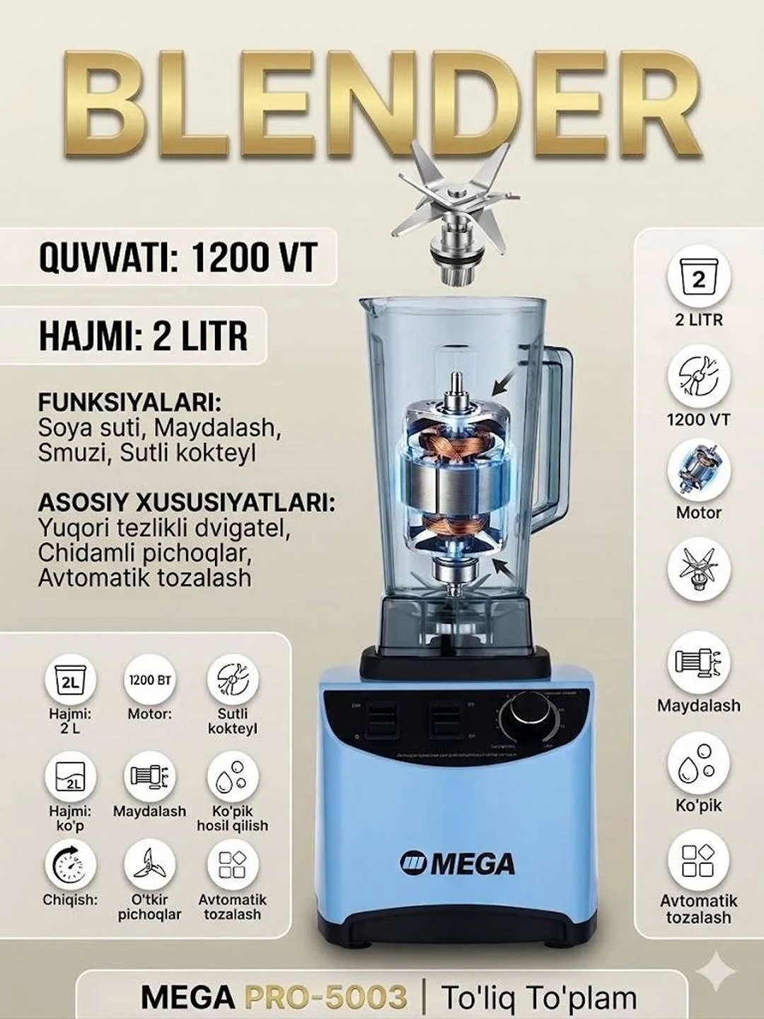 Professional statsionar blender MEGA PRO-5003, 2 L, 1200 Vt, qizil